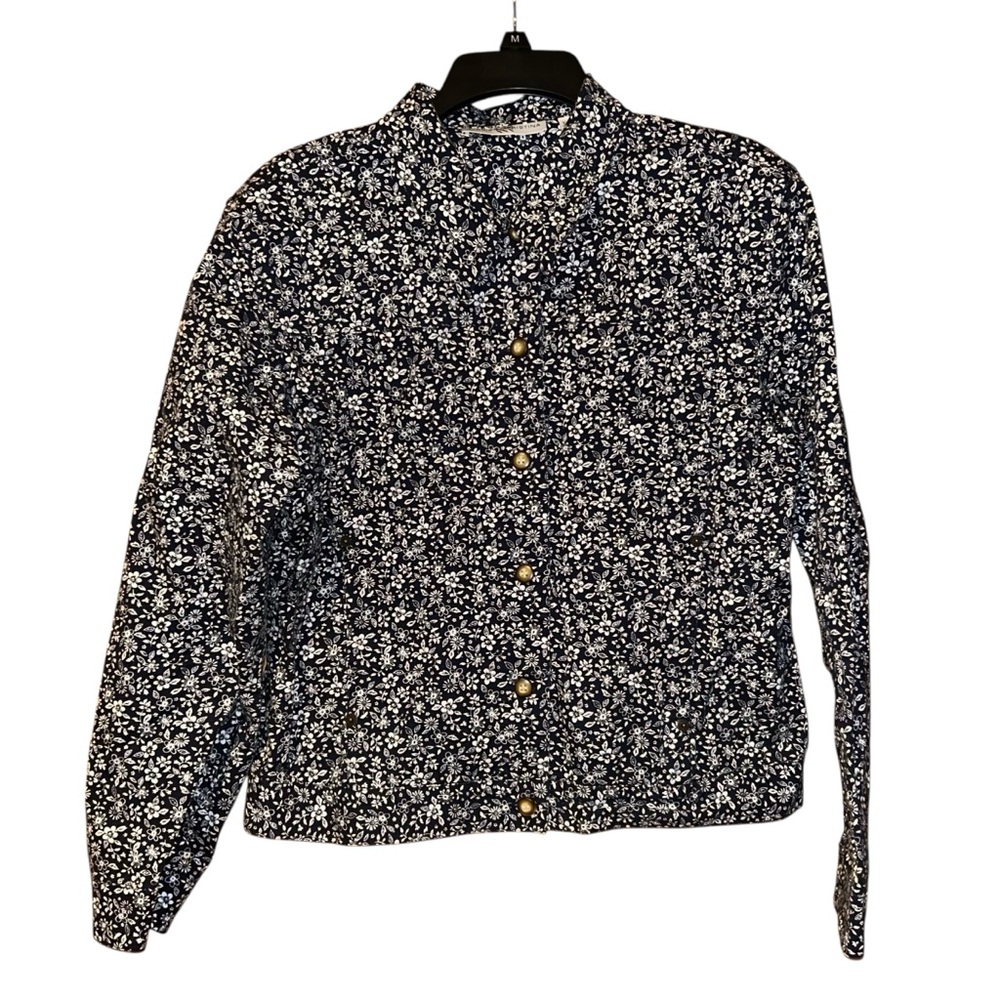Marisa Christina Navy Floral Blouse Womens Medium Cotton Stretch Boho Cottage